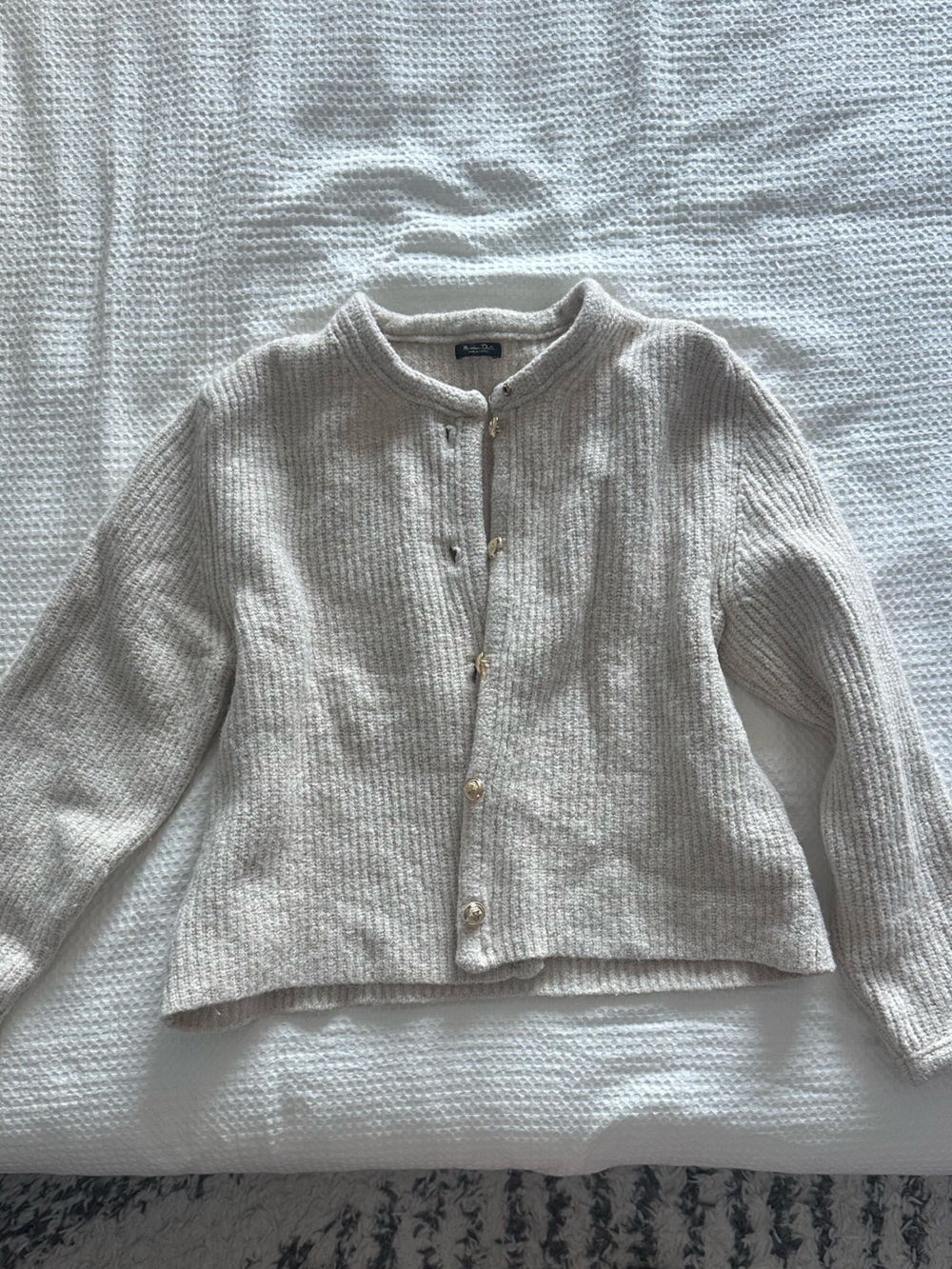 Massimo Dutti Cream Ribbed Button-Front Cardigan wool blend